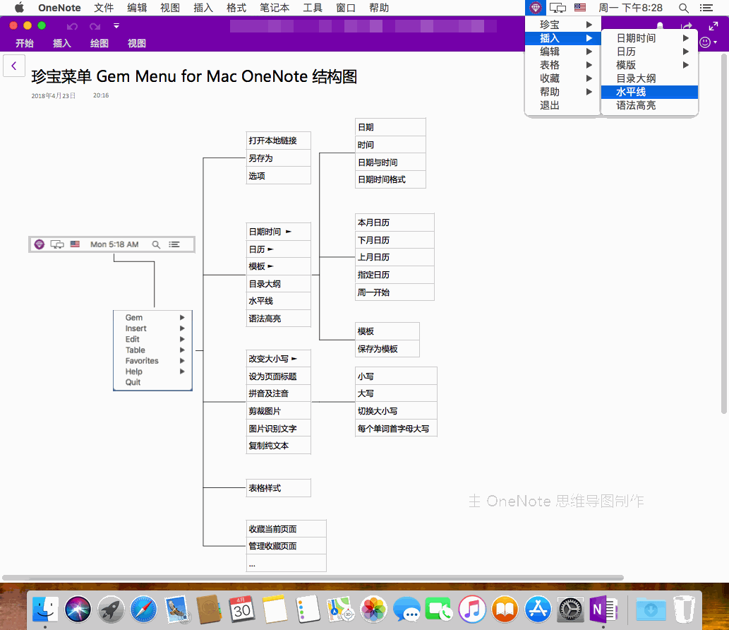 苹果版数字笔记珍宝菜单 Gem Menu for Mac OneNote 功能结构图