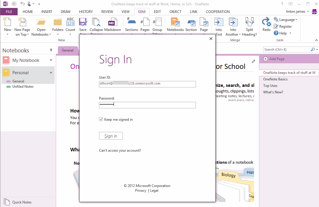 OneNote 的登录微软工作或学校账户的窗口 