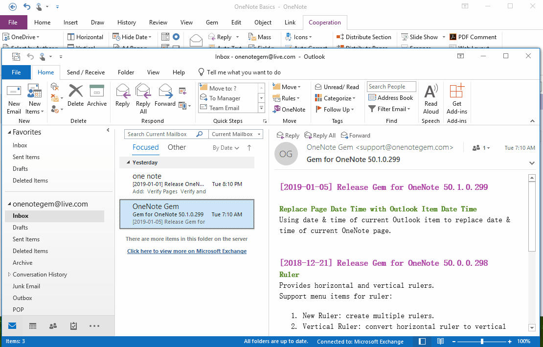 使用数字笔记珍宝插件来用 Outlook 邮件的日期时间替换 OneNote 页面的日期时间。
