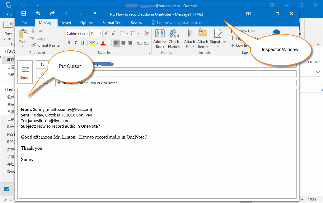 Outlook 弹出邮件窗口和光标