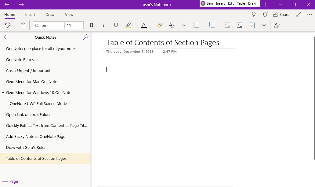 使用珍宝菜单来为 OneNote for Windows 10 的分区做页面目录大纲。