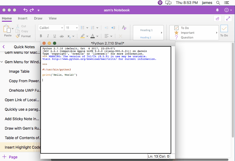 使用珍宝菜单来对计算机程序代码进行高亮，并插入到 MAC OneNote 里。