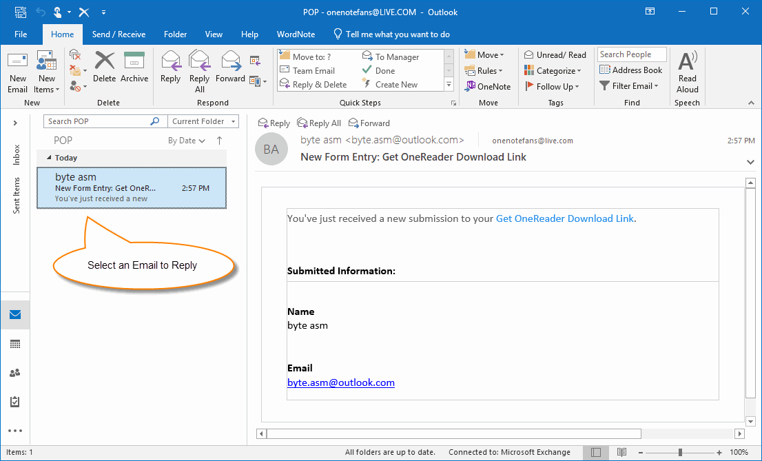 Outlook: 选中一封邮件，准备回复这封邮件 