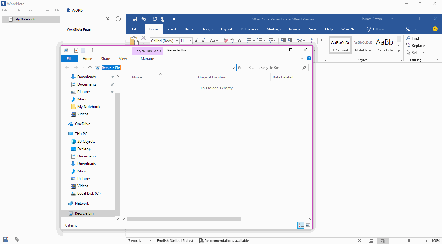 WordNote 使用 Windows 的回收站，可以进行页面恢复。