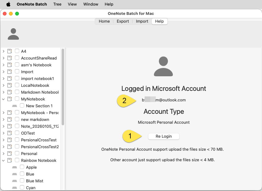 在 OneNote Batch for Mac 里改登录微软个人账户