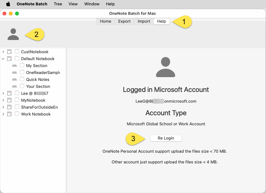 在 OneNote Batch for Mac 里登录微软工作账户