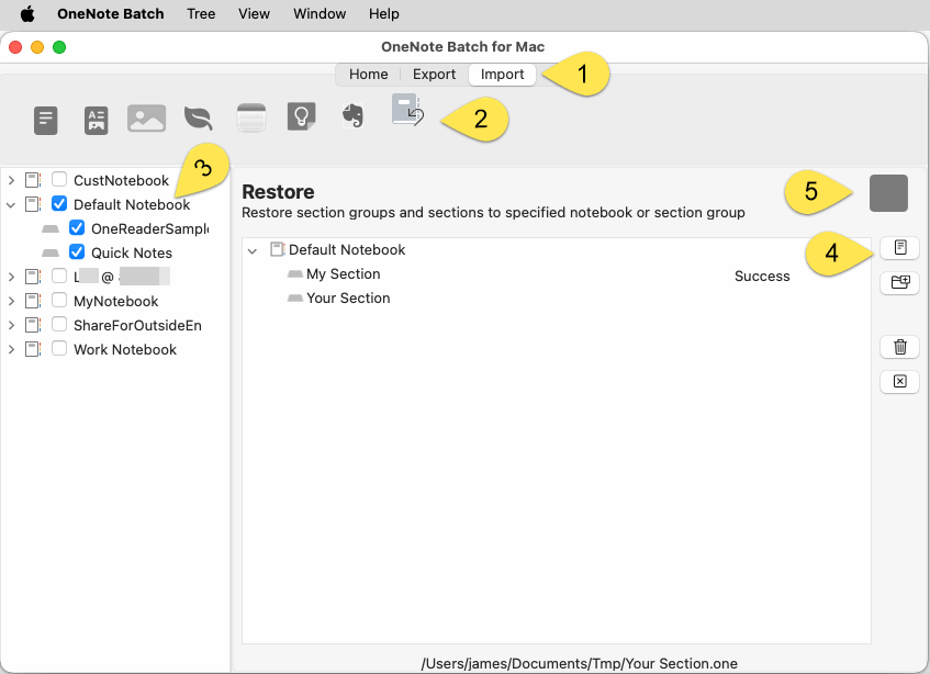 用 OneNote Batch for Mac 恢复 2 个 .one 文件到 Default Notebook 里