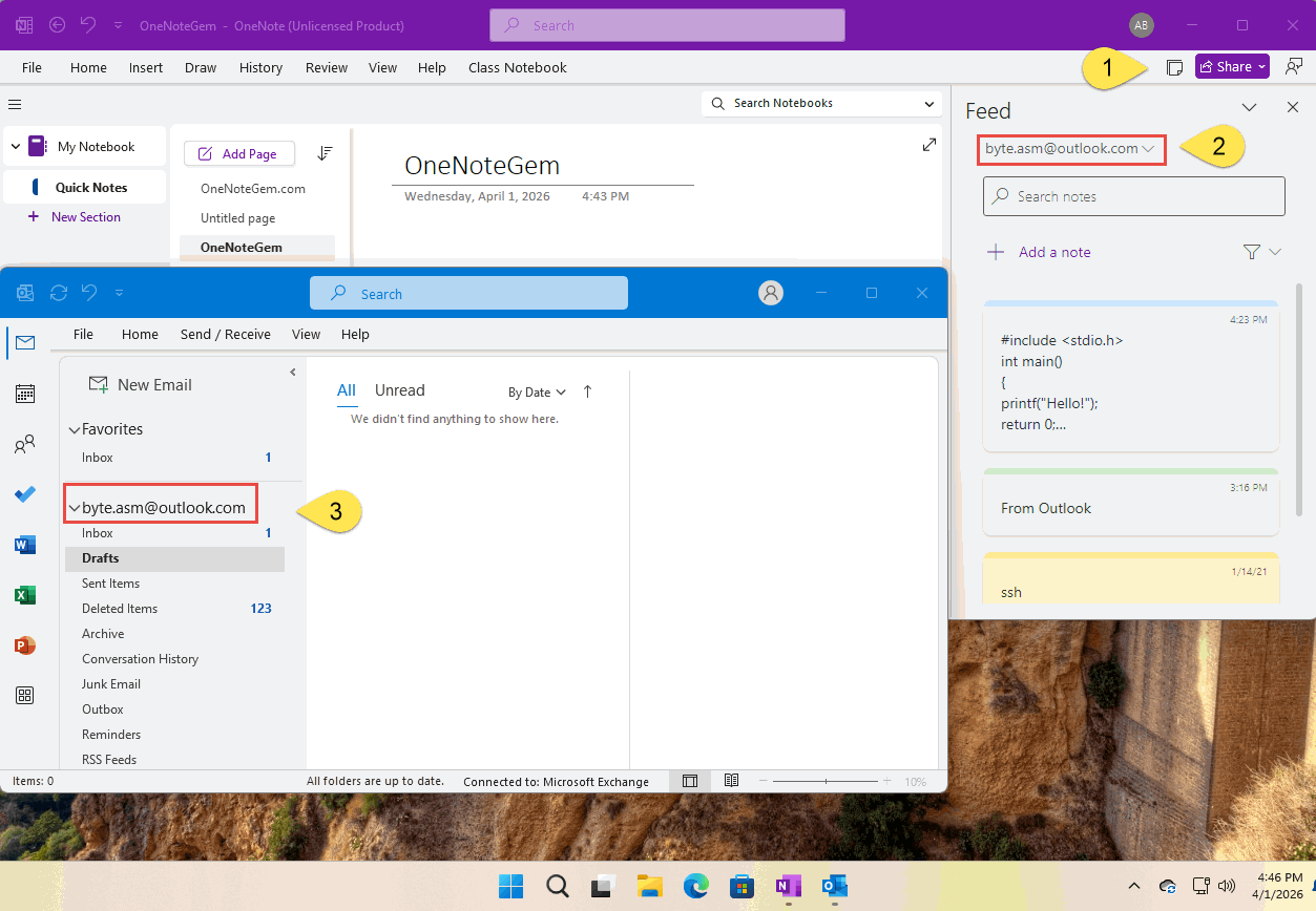 查看 OneNote 里便笺的微软账户,并在 Outlook 里登录该账户