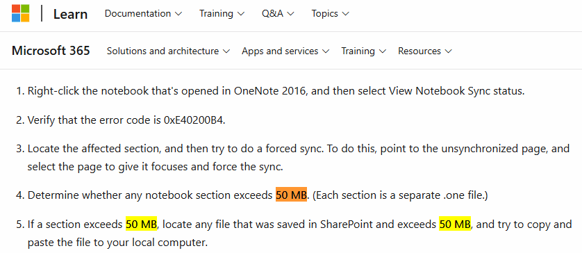 OneNote 分区大小超过 50 MB 会引起 0xE40200B4 同步错误