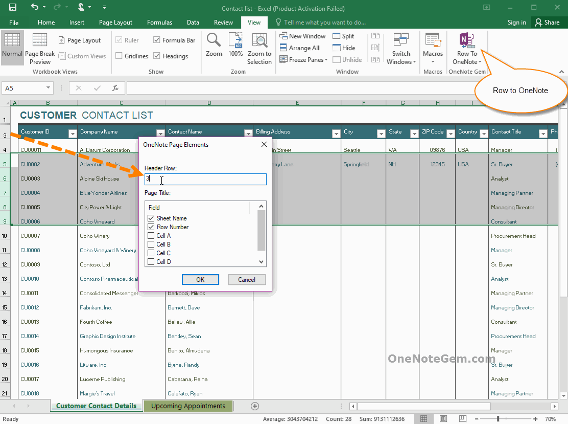 生成多个对应的 OneNote 页面，以便针对各个 Excel 行标注做笔记