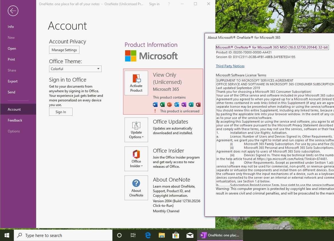 OneNote for Microsoft 365 关于窗口